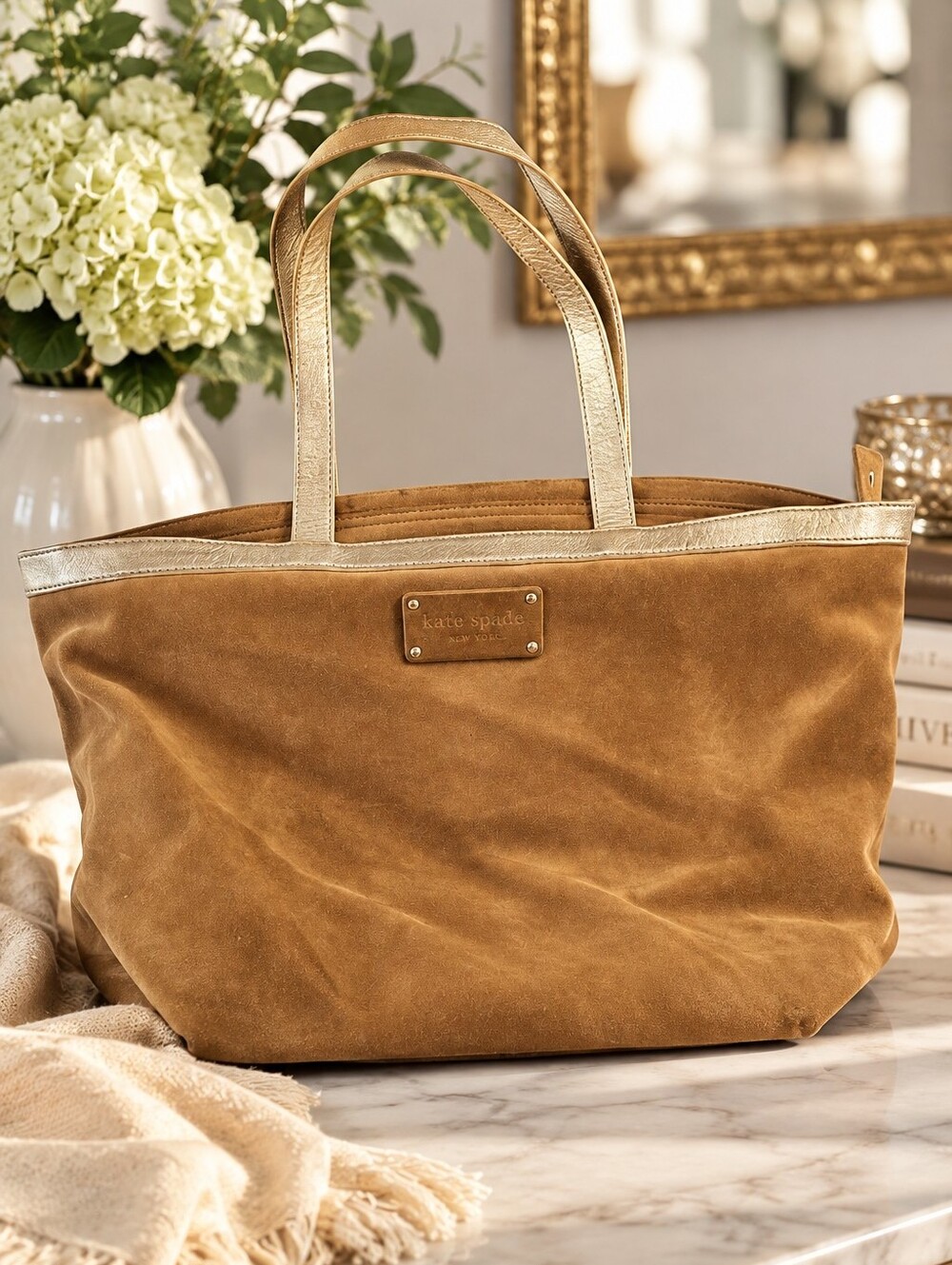 Kate Spade New York Oversized Brown Suede Metallic Leather Tote Bag